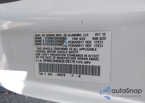 2012 Honda Odyssey Ex-L z USA, uszkodzony, nr VIN 5FNRL5H69CB128179